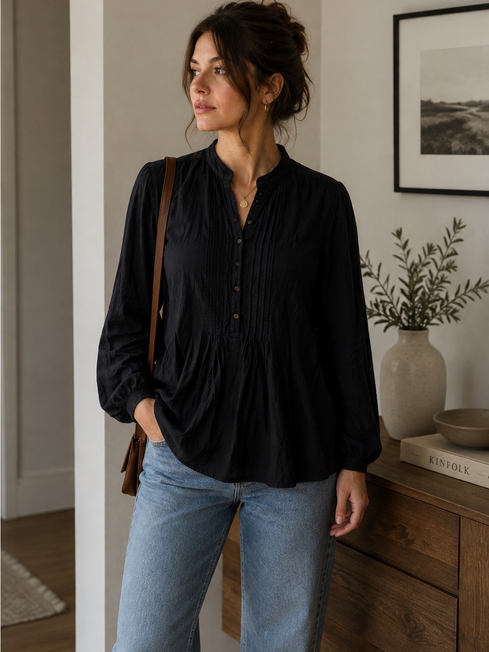 Lauren Ralph Lauren Denim Pintuck Boho Peasant Blouse Black Women Large Cottage